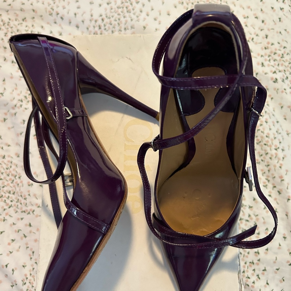 Chloe Patent Pointed-Toe Strappy Pumps in Plum - Picture 3 of 5